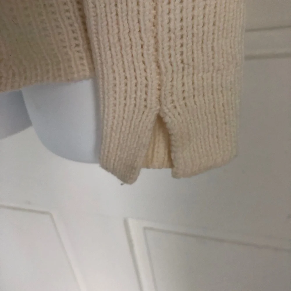 INHABIT White 100% Wool Pointelle Mock Neck Peplum Sweater S